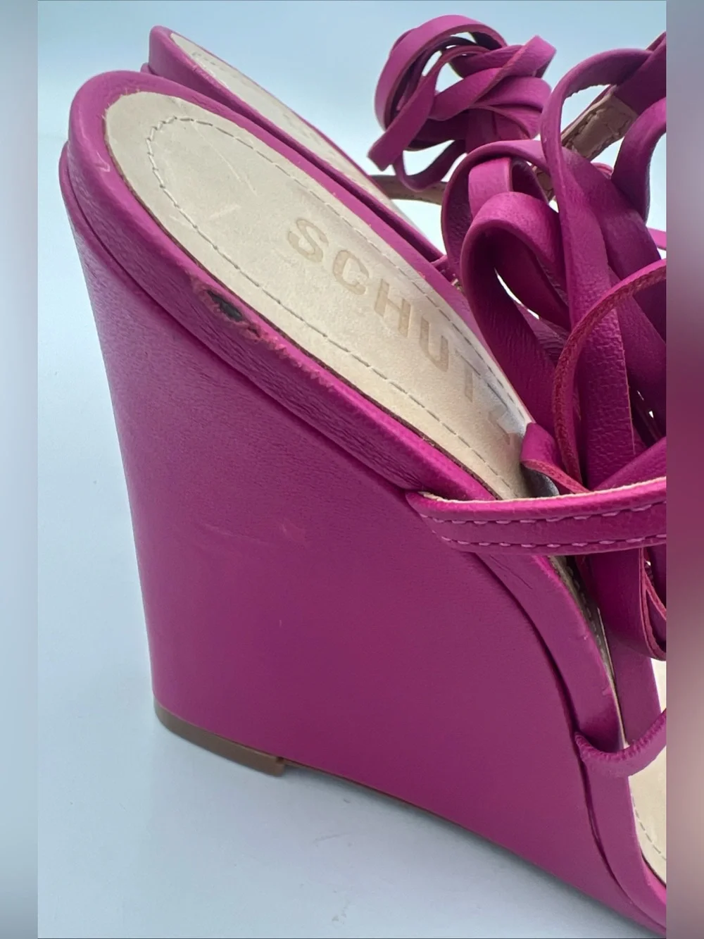 SCHUTZ Deonne Strappy Fuchsia Wedge Nappa Leather Sandals Ankle Strap Size 8.5B